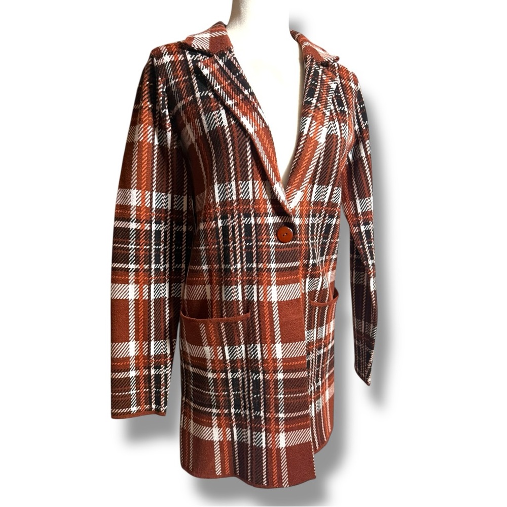 Adrienne Vittadini Tartan Duster - Brown and White